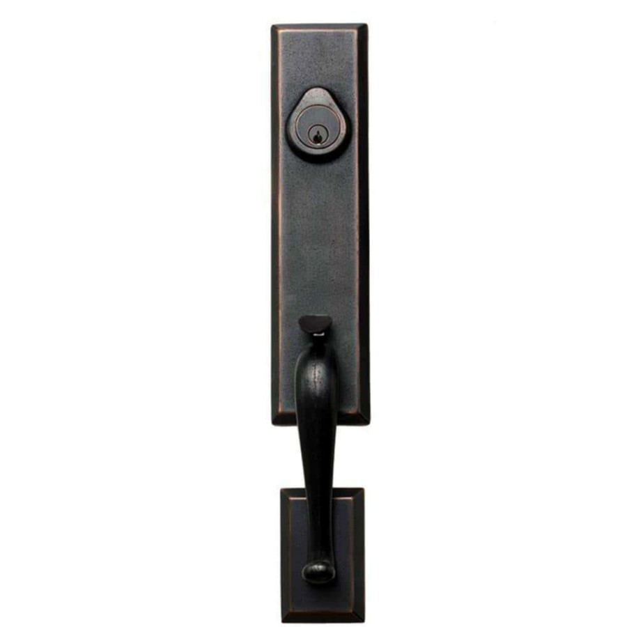 Door Hardware * | Delaney Hardware Sandcast Collection Stonehedge Aged Bronze Single Cylinder Deadbolt Entry Door Handleset With Tulum Knob Inside Trim