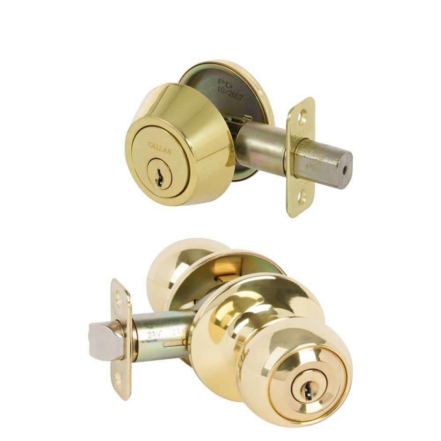 Door Hardware * | Delaney Hardware Fairfield Classic Style Polished Brass Round Shape Entry Door Knob And Single Cylinder Deadbolt Combo Pack Keyed Alike