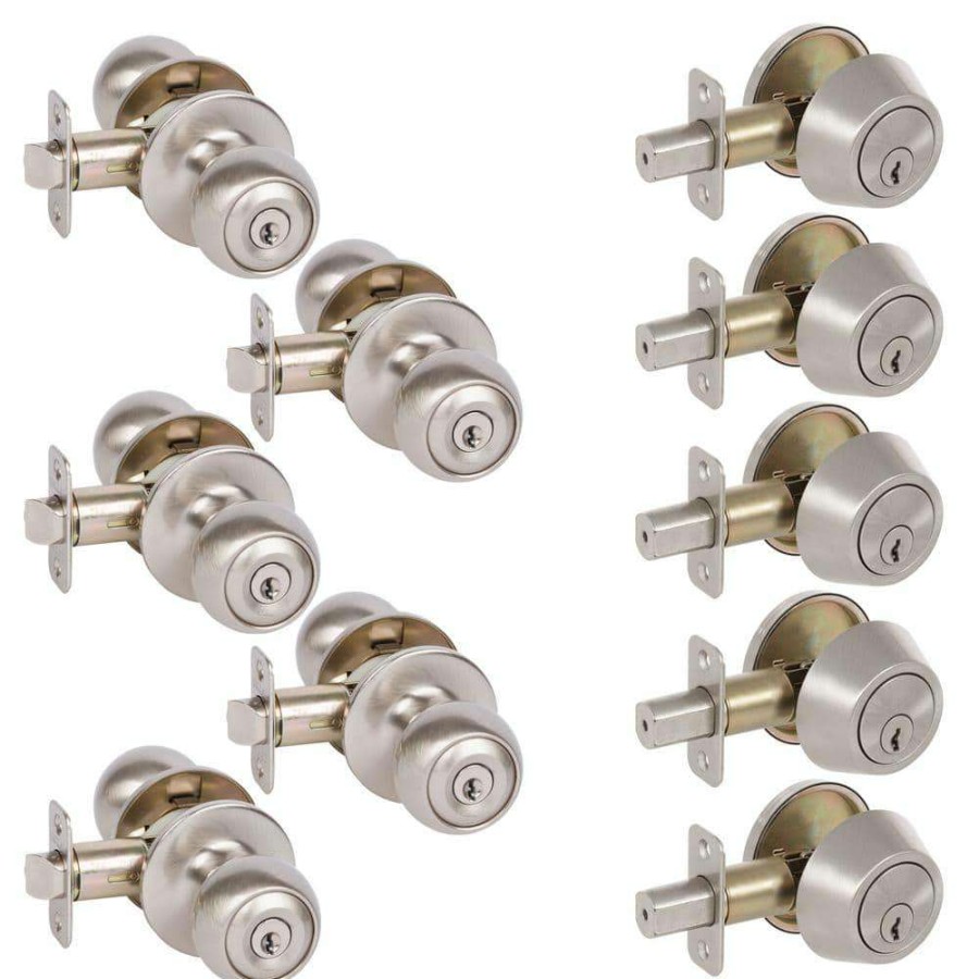 Door Hardware * | Delaney Hardware 5-Fairfield Satin Nickel Round Entry Door Locks And 5-Satin Nickel Single Cylinder Deadbolts All Keyed Alike