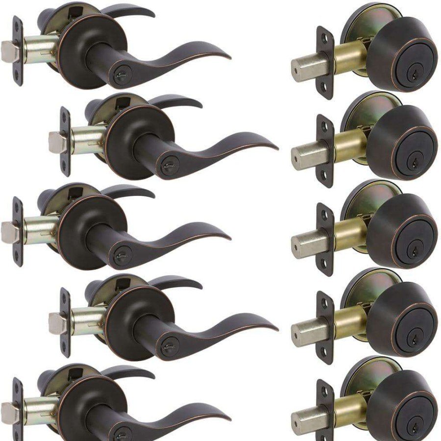 Door Hardware * | Delaney Hardware 5-Bennett Edged Oil Rubbed Bronze Entry Door Handles And 5-Edged Oil Rubbed Bronze Sgl Cyl Deadbolts All Keyed Alike