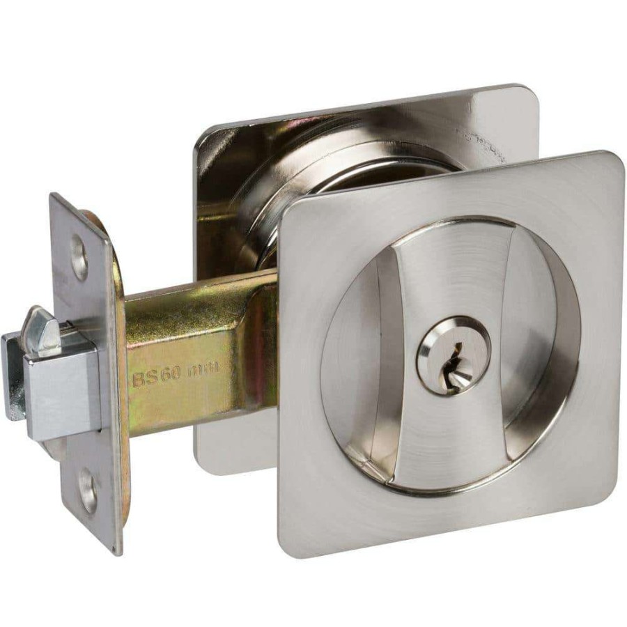 Door Hardware * | Delaney Hardware Contemporary Square Satin Nickel Entry Door Sliding Pocket Door Lock