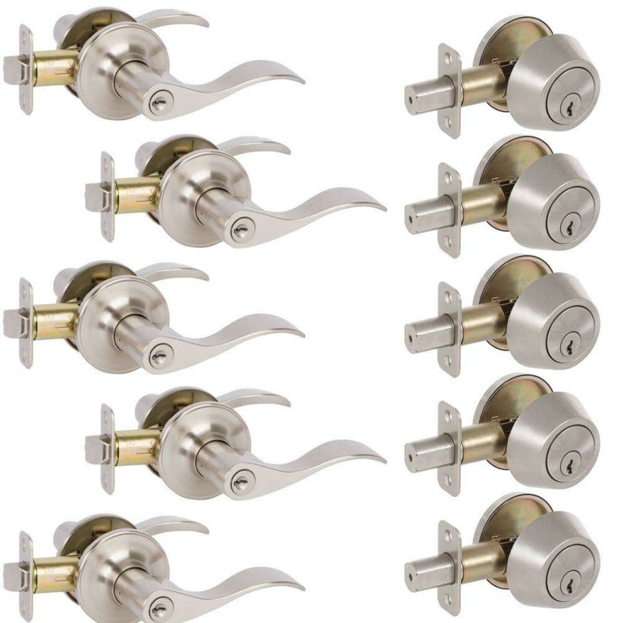 Door Hardware * | Delaney Hardware 5-Bennett Satin Nickel Entry Door Handles And 5-Satin Nickel Single Cylinder Deadbolt All Keyed Alike