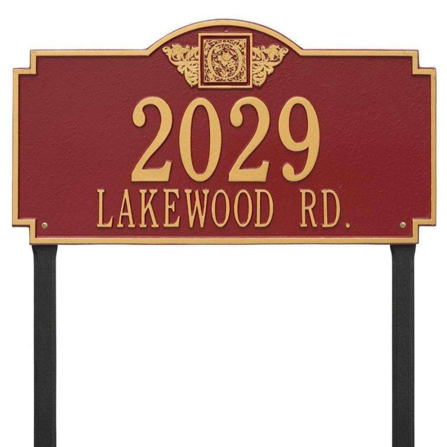 Mailboxes * | Whitehall Products Monogram Estate Lawn Rectangular Red/Gold 2-Line Address Plaque